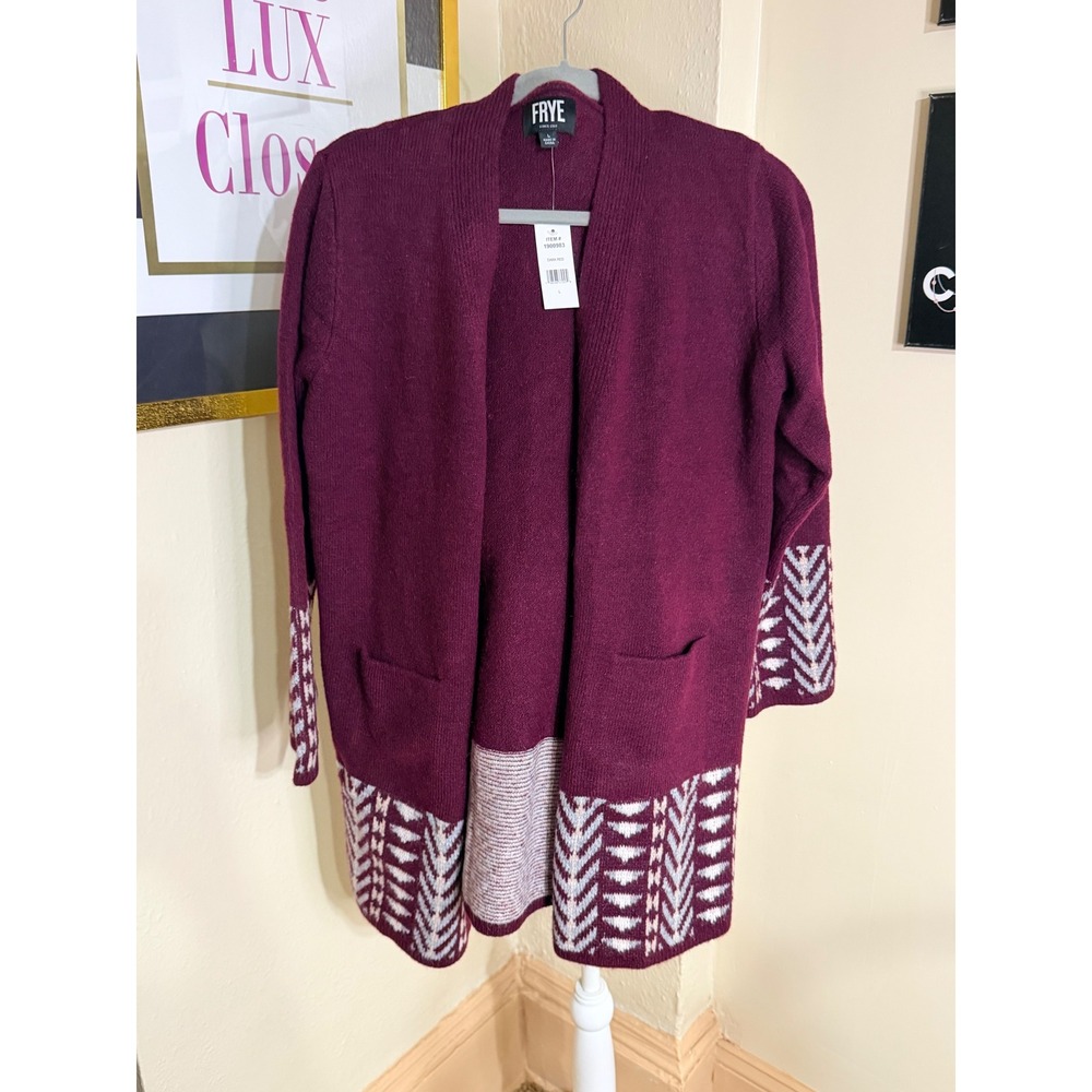 Frye Womens Dark Red Fair Isle Open Front Longline Cardigan Sweater Large‎ NWT